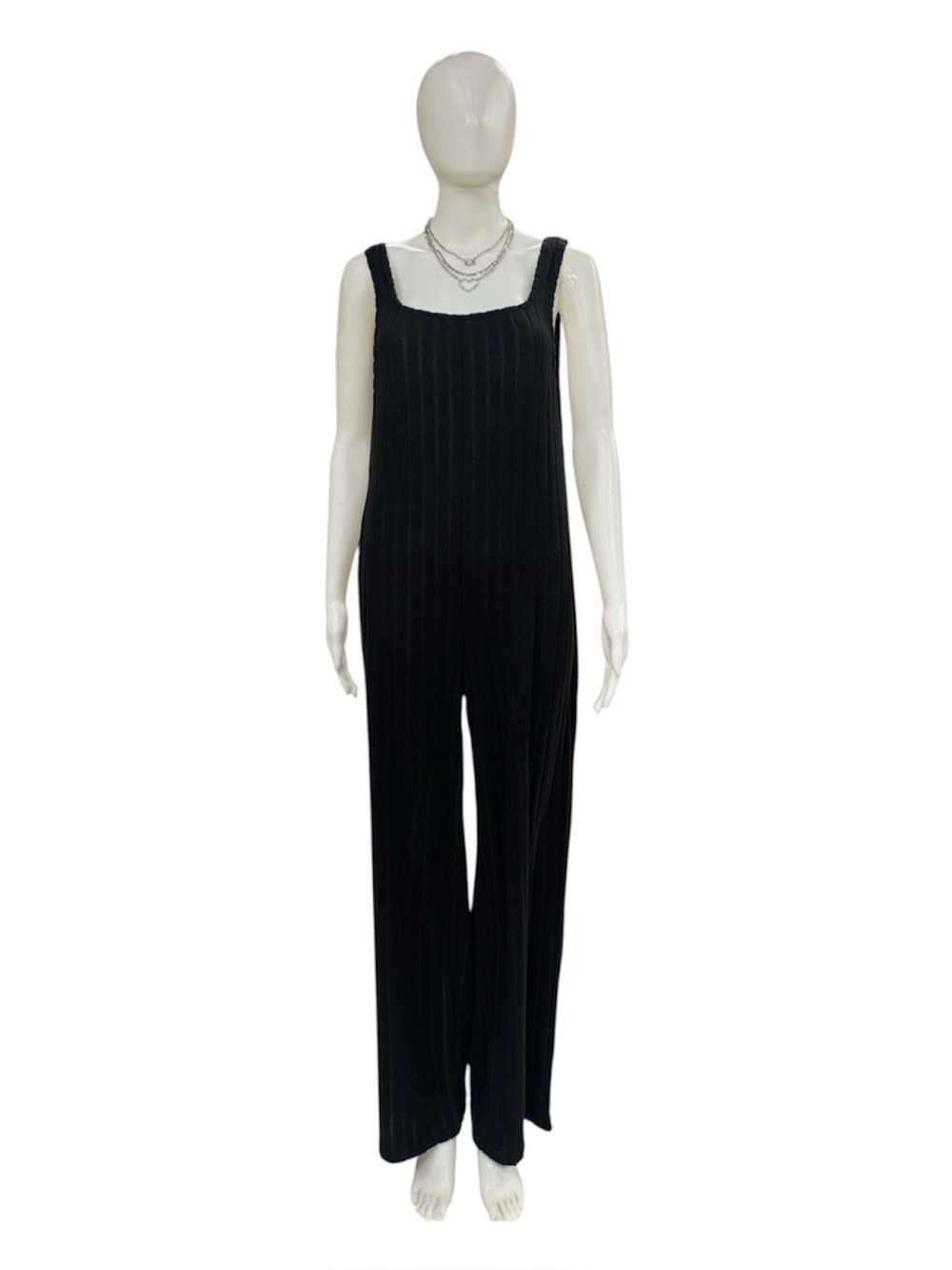 Slim Ribbed Square-Neck Black Jumpsuit Size M